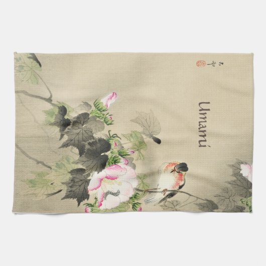 Japans gedrukte botanische Roos en vogel Theedoek (Horizontaal)