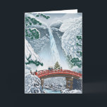 Japans geïllustreerd kerstfeest Kaart<br><div class="desc">Japans landschap met waterval en rode brug. Twee mensen staan op de brug met een kerstboom.</div>