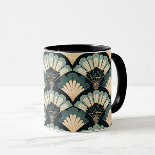 Japans geïnspireerde Blauwgroen & Beige Fan Mok (Voorkant rechts)