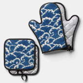 Japans geïnspireerde naadloze oceaangolfpatroon ovenwant & pannenlap set (Voorkant / Achterkant)