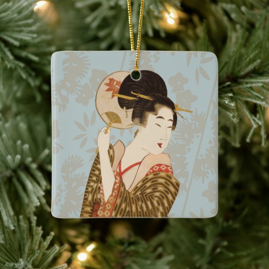 Japans Geisha Girl in Kimono met Fan Keramisch Ornament (Boom)