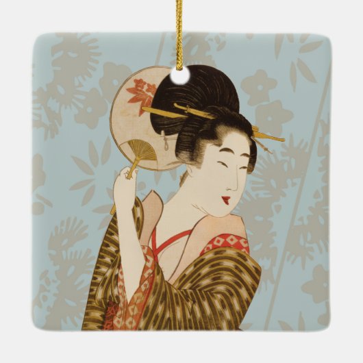  Japans Geisha Girl in Kimono met Fan Keramisch Ornament (Achterkant)
