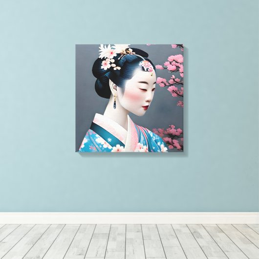 Japans geisha in een Cherry Blossom Garden Canvas Afdruk (Insitu (Houten vloer))