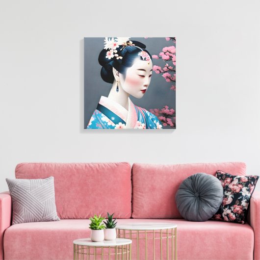 Japans geisha in een Cherry Blossom Garden Canvas Afdruk (Insitu (Woonkamer))