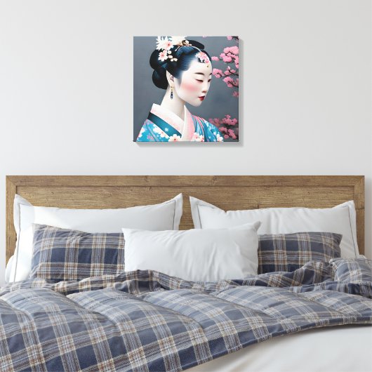 Japans geisha in een Cherry Blossom Garden Canvas Afdruk (Insitu (Slaapkamer))