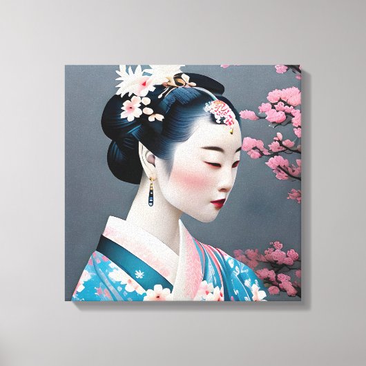 Japans geisha in een Cherry Blossom Garden Canvas Afdruk (Voorkant)