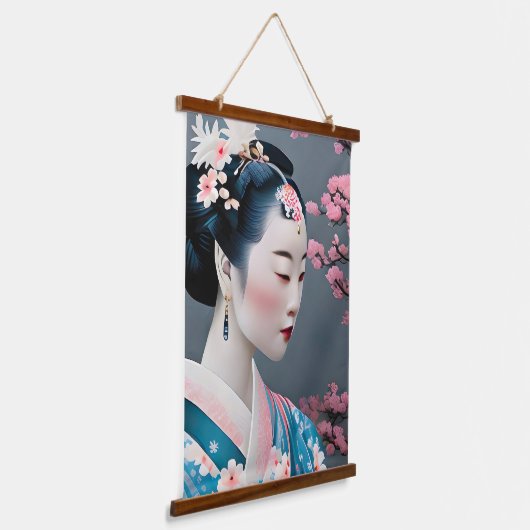 Japans geisha in een Cherry Blossom Garden Hangend Wandkleed (Gebogen)