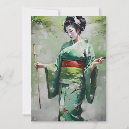 Japans Geisha in Groen B Portret Feestdagenkaart (Voorkant)