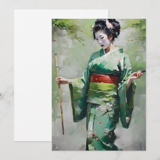 Japans Geisha in Groen B Portret Feestdagenkaart (Voorkant / Achterkant)