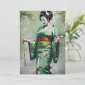 Japans Geisha in Groen B Portret Feestdagenkaart (Staand voorkant)
