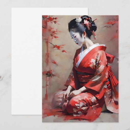 Japans Geisha in rood B portret Feestdagenkaart (Voorkant / Achterkant)