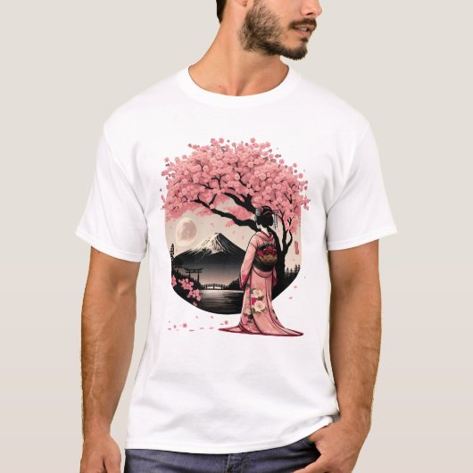 Japans Geisha Meisje Kimono Fuji Mount Cherry T-shirt (Voorkant)