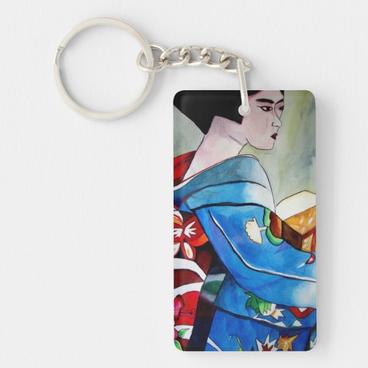 Japans Geisha met blauwe kimono kunst Sleutelhanger (Voorkant)