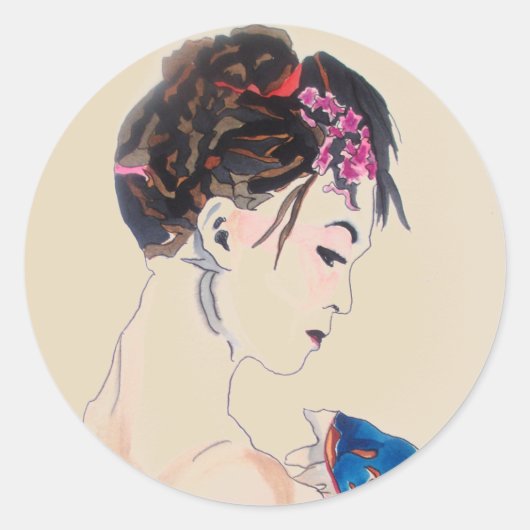 Japans Geisha met blauwe kimono Ronde Sticker (Voorkant)