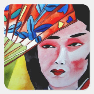 japans Geisha met een fanatieke originele kunstsch Vierkante Sticker