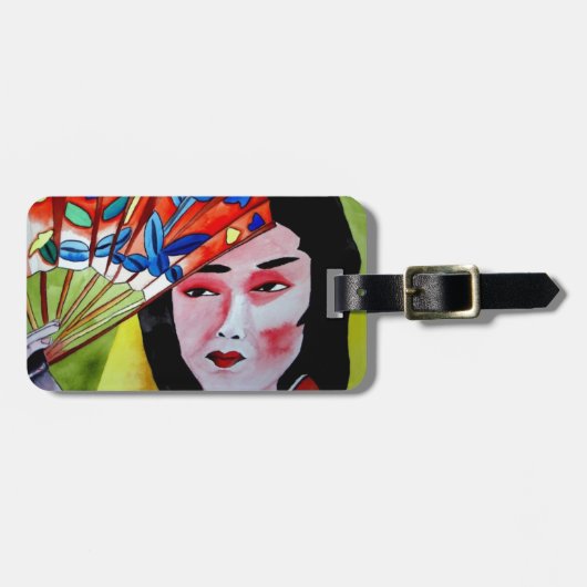 Japans Geisha met fan originele waterverf kunst Bagagelabel (Voorkant horizontaal)