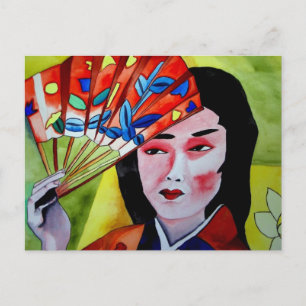 Japans Geisha met fan originele waterverf kunst Briefkaart