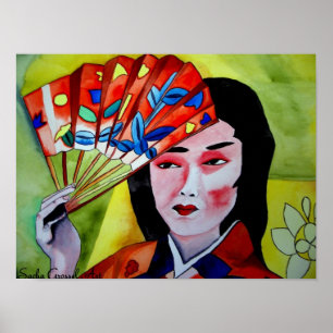 Japans Geisha met fan originele waterverf kunst Poster