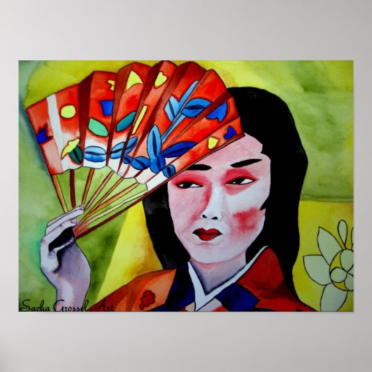 Japans Geisha met fan originele waterverf kunst Poster (Voorkant)