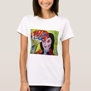 Japans Geisha met fan originele waterverf kunst T-shirt