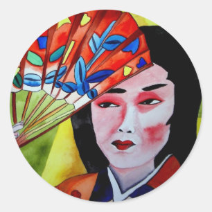 japans Geisha met fan waterverf originele kunst Ronde Sticker