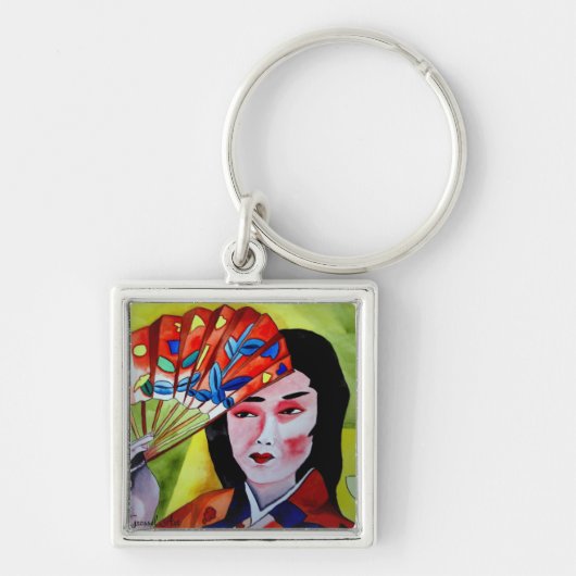 japans Geisha met fan waterverf originele kunst Sleutelhanger (Voorkant)