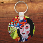 japans Geisha met fan waterverf originele kunst Sleutelhanger (Voorkant)