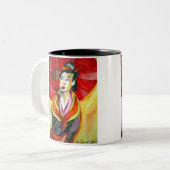 Japans Geisha, origineel kunstschilderij van de wa Tweekleurige Koffiemok (Voorkant links)