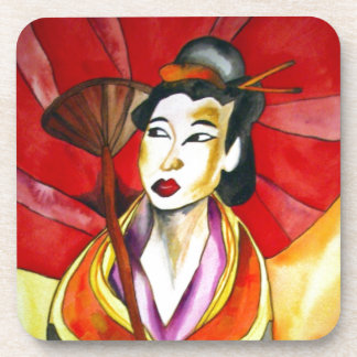 Japans geisha, origineel kunstschilderij waterverf bier onderzetter