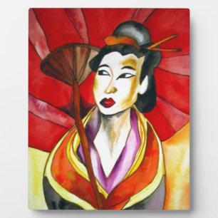 Japans geisha, origineel kunstschilderij waterverf fotoplaat