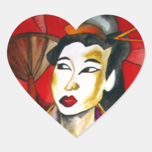 Japans geisha, origineel kunstschilderij waterverf hart sticker