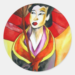 Japans geisha, origineel kunstschilderij waterverf ronde sticker
