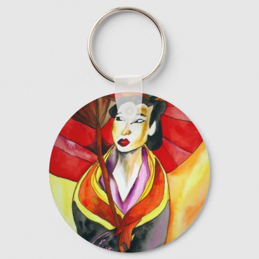 Japans geisha, origineel kunstschilderij waterverf sleutelhanger (Voorkant)