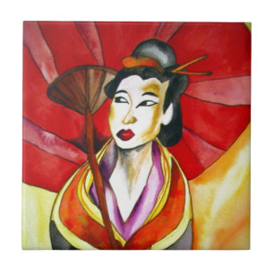 Japans geisha, origineel kunstschilderij waterverf tegeltje