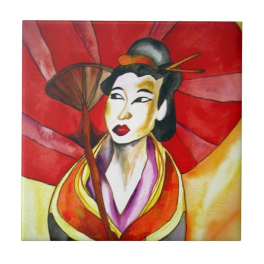 Japans geisha, origineel kunstschilderij waterverf tegeltje (Voorkant)