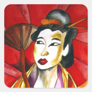 Japans geisha, origineel kunstschilderij waterverf vierkante sticker