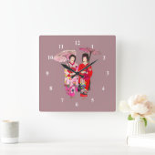 Japans Geisha roze kimono schattige kunst Vierkante Klok (Huis)
