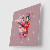 Japans Geisha roze kimono schattige kunst Vierkante Klok (Hoek)