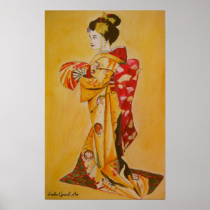 Japans geisha waterverf originele kunstschilderij poster