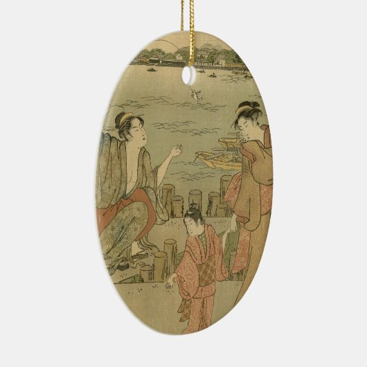 Japans Gevist Woodblock Fishermen Keramisch Ornament (Rechts)