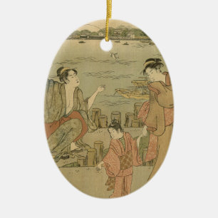 Japans Gevist Woodblock Fishermen Keramisch Ornament