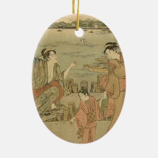 Japans Gevist Woodblock Fishermen Keramisch Ornament (Achterkant)