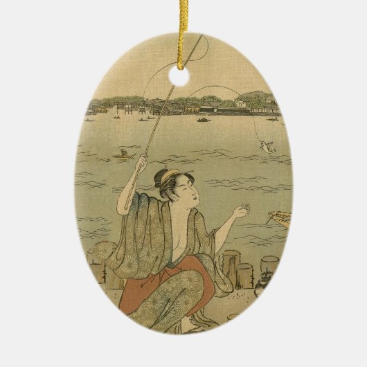 Japans Gevist Woodblock Fishermen Keramisch Ornament (Voorkant)