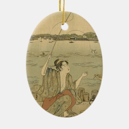 Japans Gevist Woodblock Fishermen Keramisch Ornament (Achterkant)