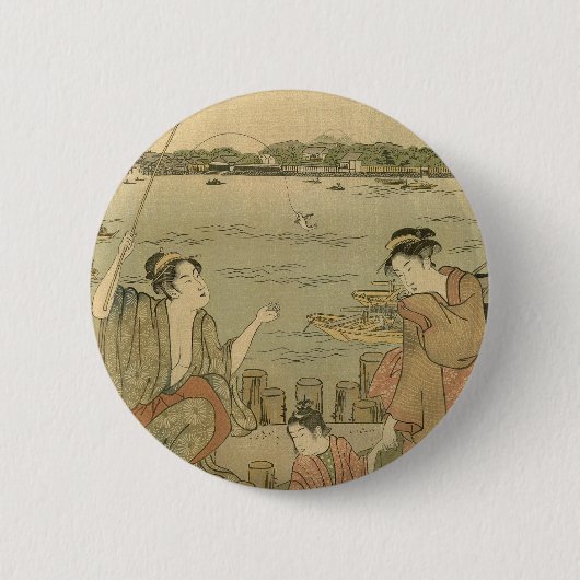 Japans Gevist Woodblock Fishermen Ronde Button 5,7 Cm (Voorkant)
