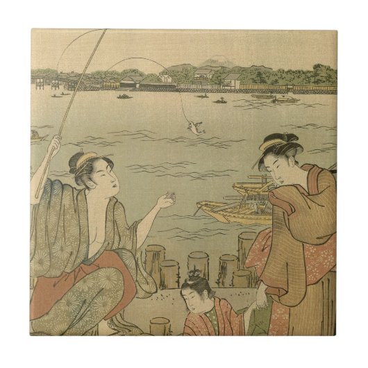 Japans Gevist Woodblock Fishermen Tegeltje (Voorkant)