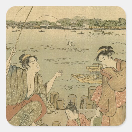 Japans Gevist Woodblock Fishermen Vierkante Sticker (Voorkant)