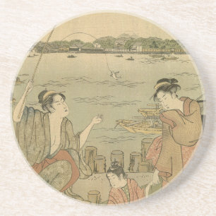 Japans Gevist Woodblock Fishermen Zandsteen Onderzetter