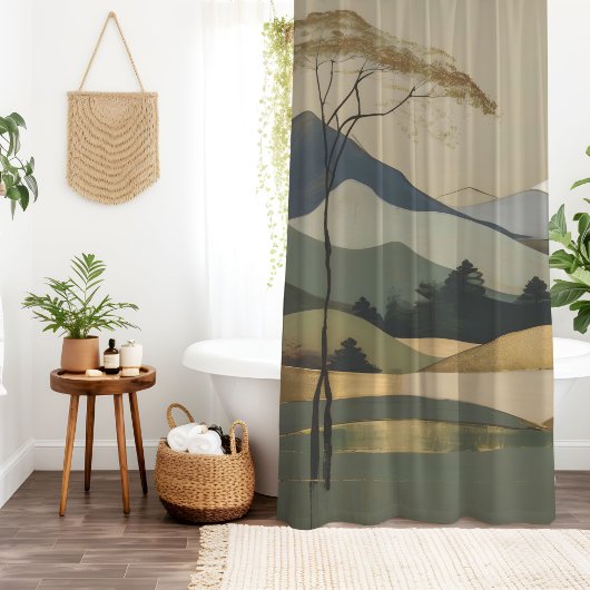Japans Goud & Groen Berglandschap Douchegordijn