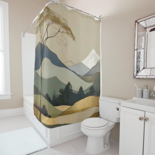 Japans Goud & Groen Berglandschap Douchegordijn (In situ)
